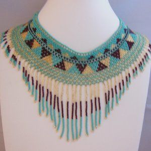 Handmade Mexican Huichol Chaquira Necklace Turquoise, Brown, & Gold Color New